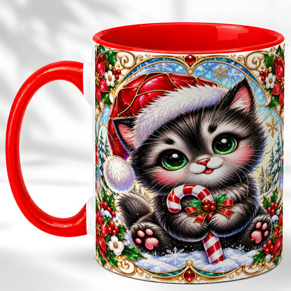 Christmas Kitten Coffee Mug, Candy Cane Cat Mug, Ceramic Cup