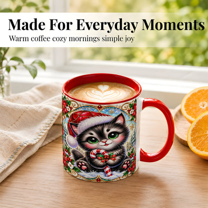#pl[11oz|Red] Christmas Kitten Coffee Mug, Candy Cane Cat Mug, Ceramic Cup