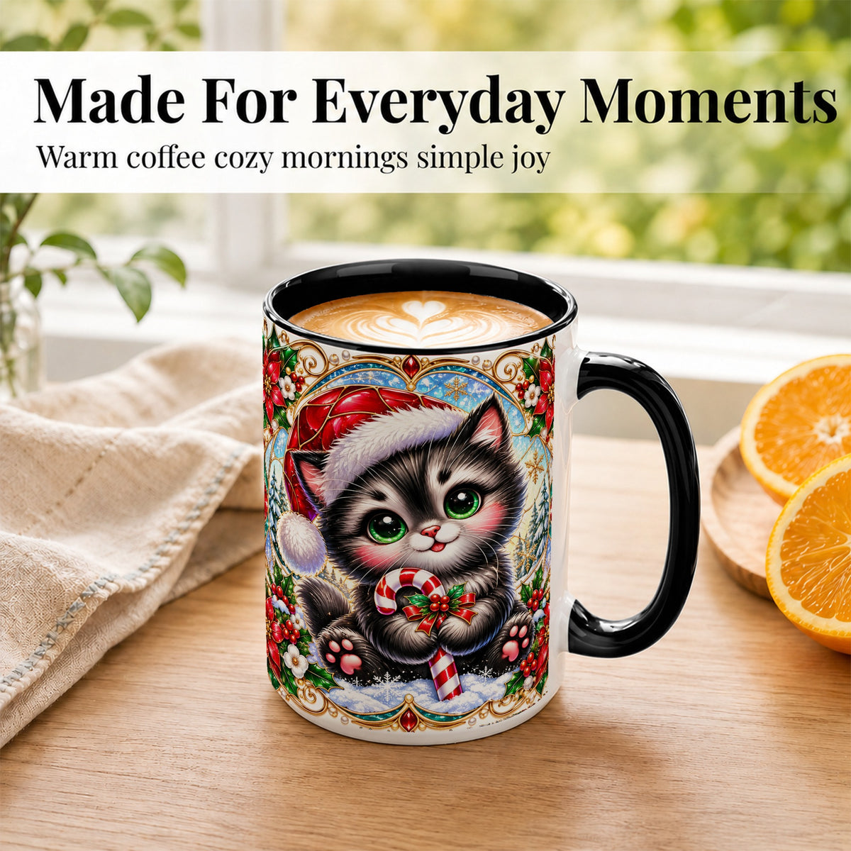 #pl[15oz|Black] Christmas Kitten Coffee Mug, Candy Cane Cat Mug, Ceramic Cup