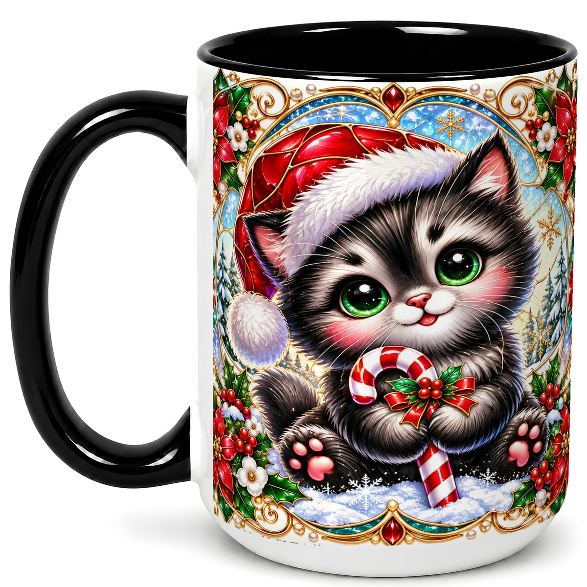 #pl[15oz|Black] Christmas Kitten Coffee Mug, Candy Cane Cat Mug, Ceramic Cup