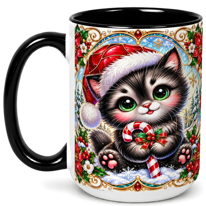 #pl[15oz|Black] Christmas Kitten Coffee Mug, Candy Cane Cat Mug, Ceramic Cup