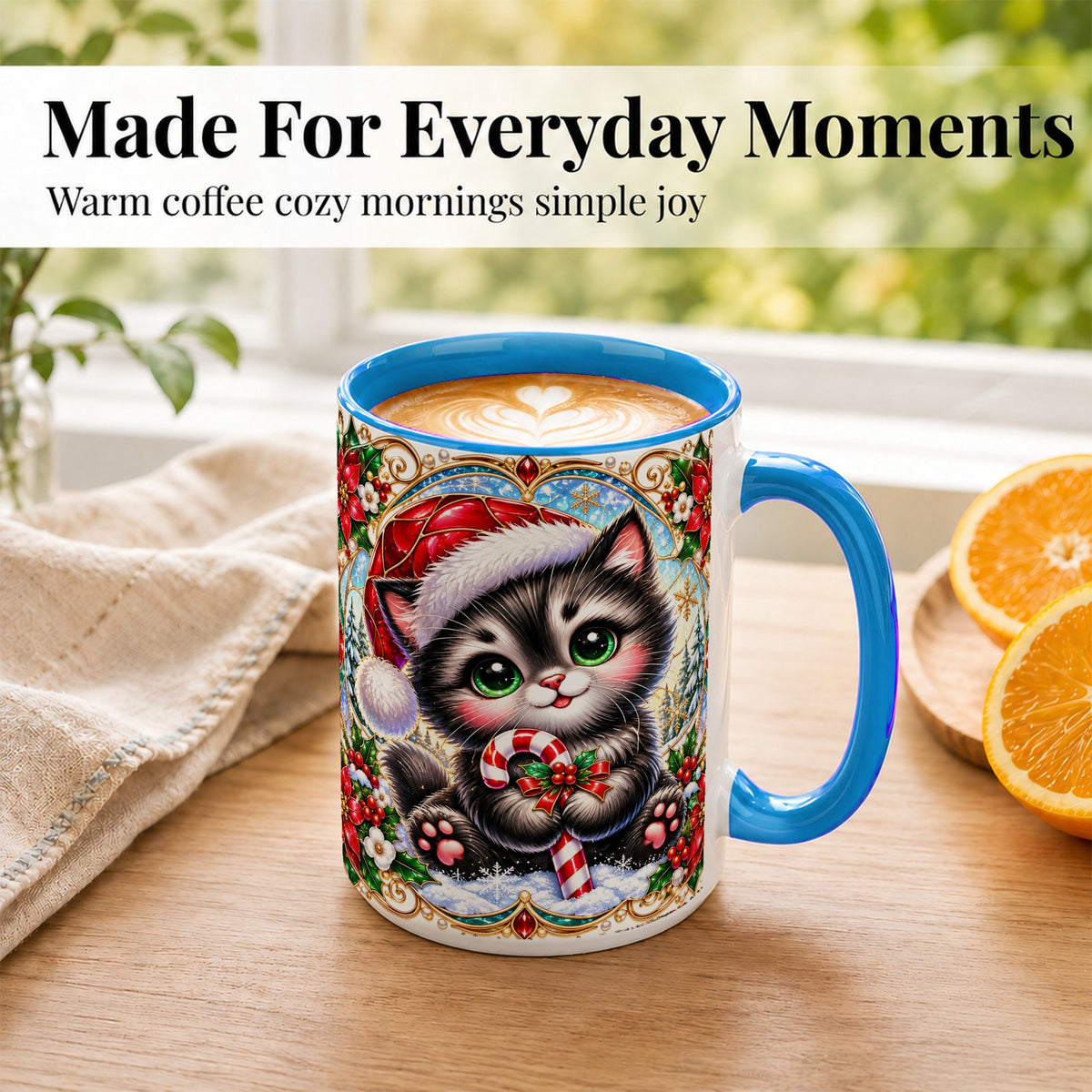 #pl[15oz|Blue] Christmas Kitten Coffee Mug, Candy Cane Cat Mug, Ceramic Cup