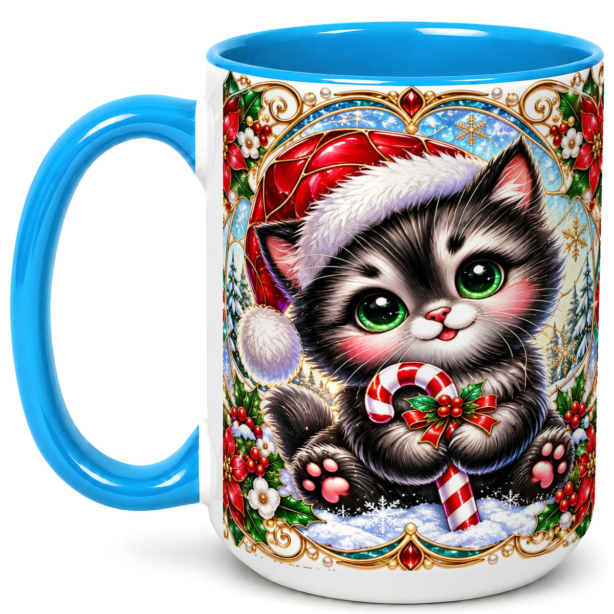 #pl[15oz|Blue] Christmas Kitten Coffee Mug, Candy Cane Cat Mug, Ceramic Cup