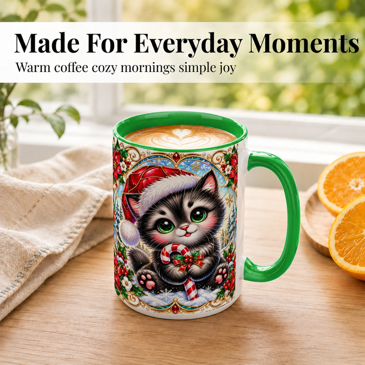 #pl[15oz|Green] Christmas Kitten Coffee Mug, Candy Cane Cat Mug, Ceramic Cup