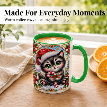 #pl[15oz|Green] Christmas Kitten Coffee Mug, Candy Cane Cat Mug, Ceramic Cup