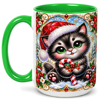 #pl[15oz|Green] Christmas Kitten Coffee Mug, Candy Cane Cat Mug, Ceramic Cup