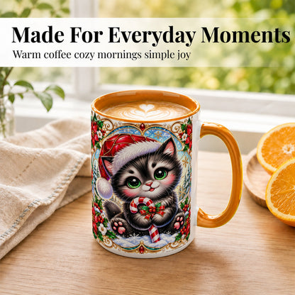 #pl[15oz|Orange] Christmas Kitten Coffee Mug, Candy Cane Cat Mug, Ceramic Cup