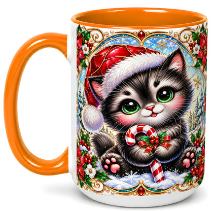 #pl[15oz|Orange] Christmas Kitten Coffee Mug, Candy Cane Cat Mug, Ceramic Cup