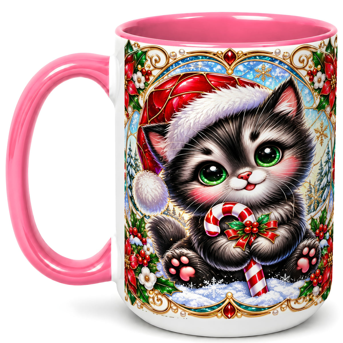 #pl[15oz|Pink] Christmas Kitten Coffee Mug, Candy Cane Cat Mug, Ceramic Cup