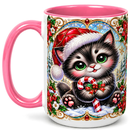 #pl[15oz|Pink] Christmas Kitten Coffee Mug, Candy Cane Cat Mug, Ceramic Cup
