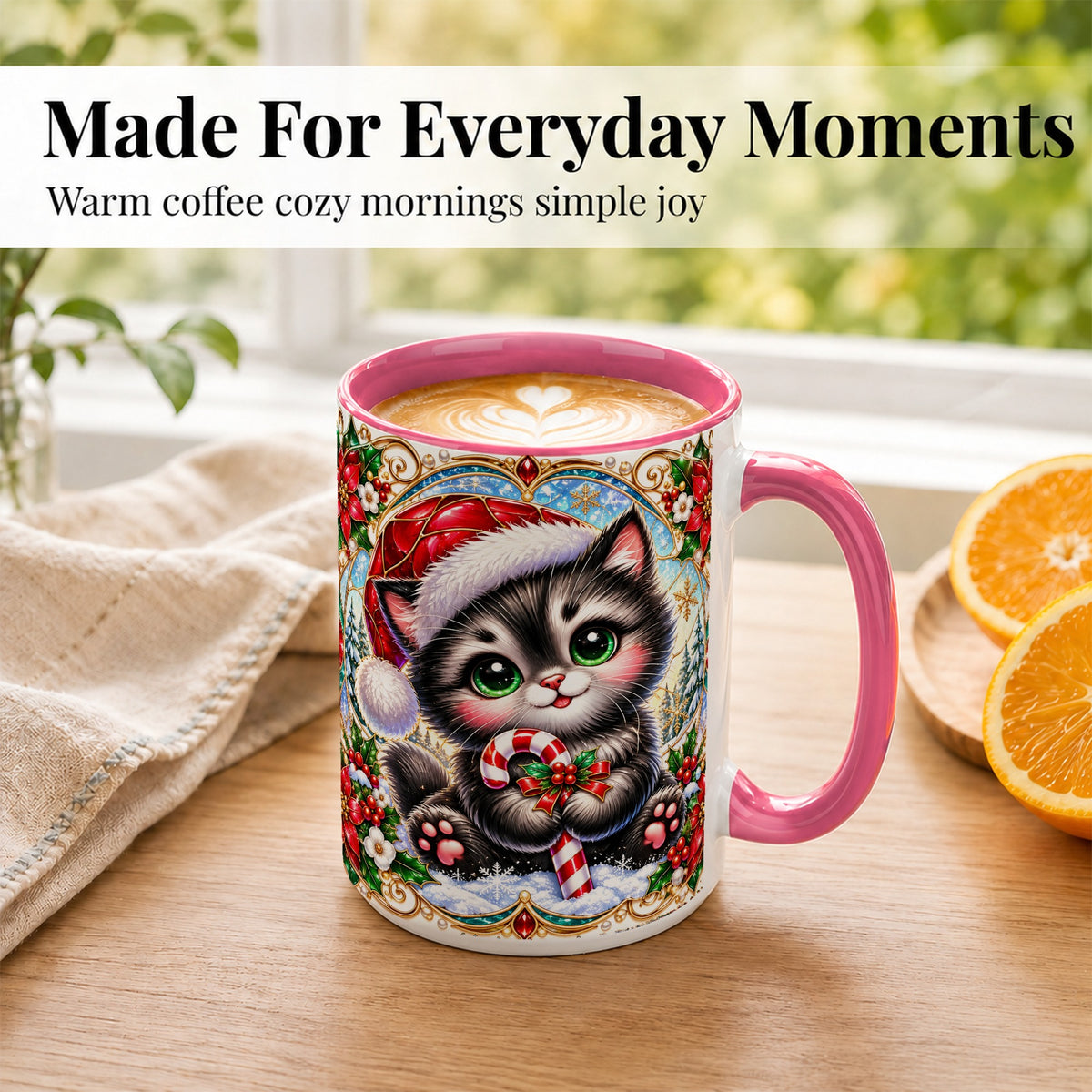 #pl[15oz|Pink] Christmas Kitten Coffee Mug, Candy Cane Cat Mug, Ceramic Cup