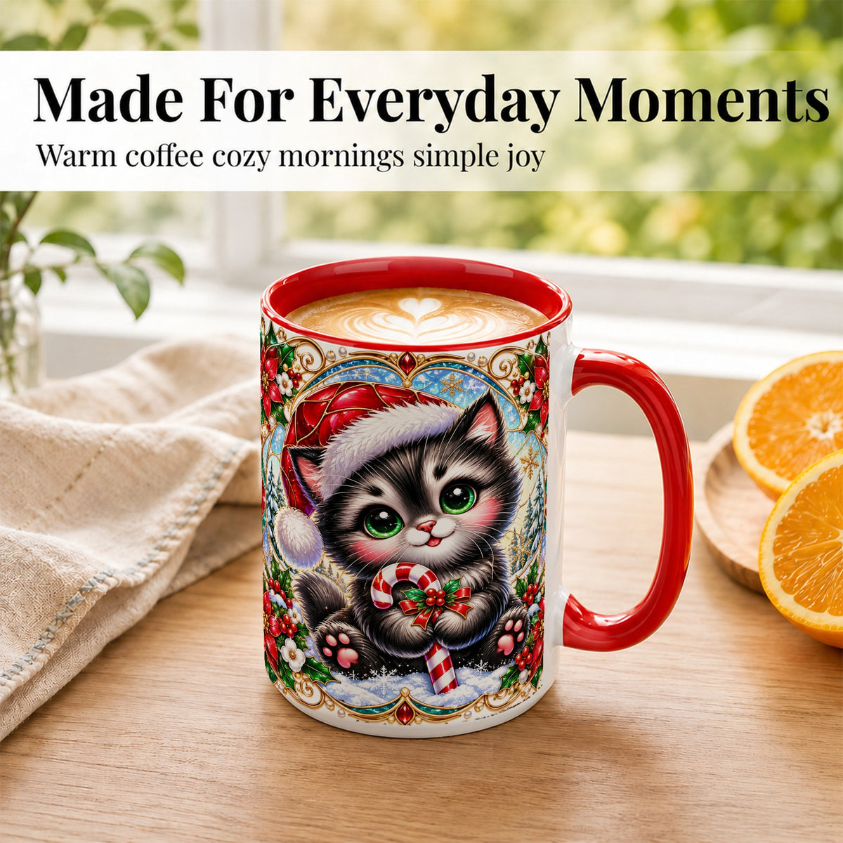 #pl[15oz|Red] Christmas Kitten Coffee Mug, Candy Cane Cat Mug, Ceramic Cup