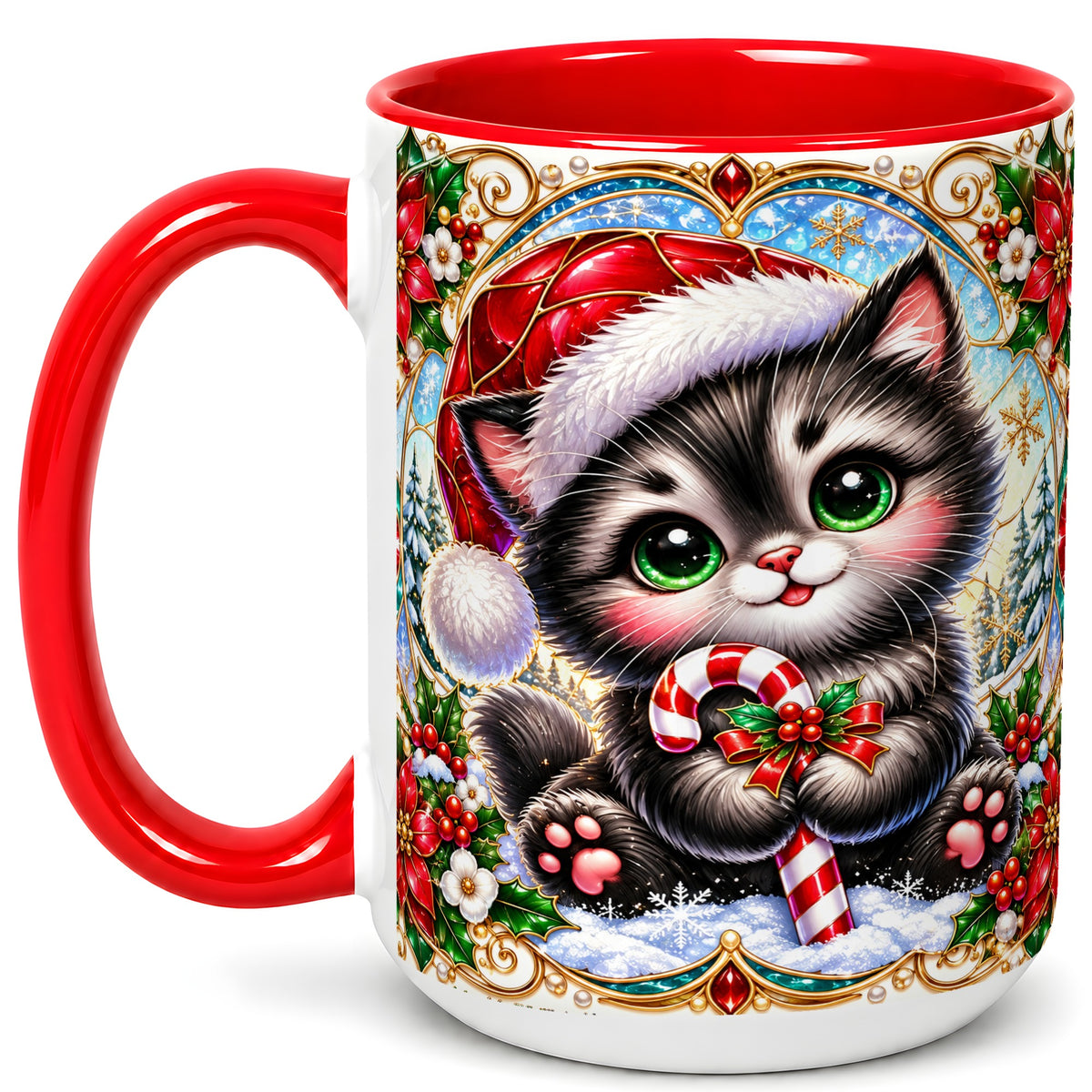 #pl[15oz|Red] Christmas Kitten Coffee Mug, Candy Cane Cat Mug, Ceramic Cup