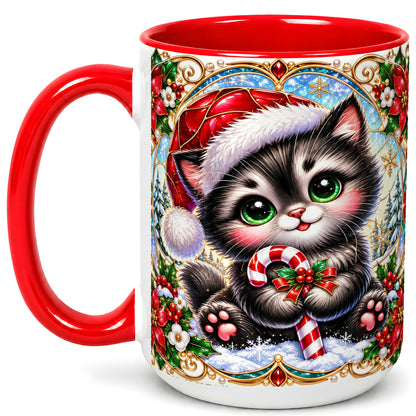 #pl[15oz|Red] Christmas Kitten Coffee Mug, Candy Cane Cat Mug, Ceramic Cup