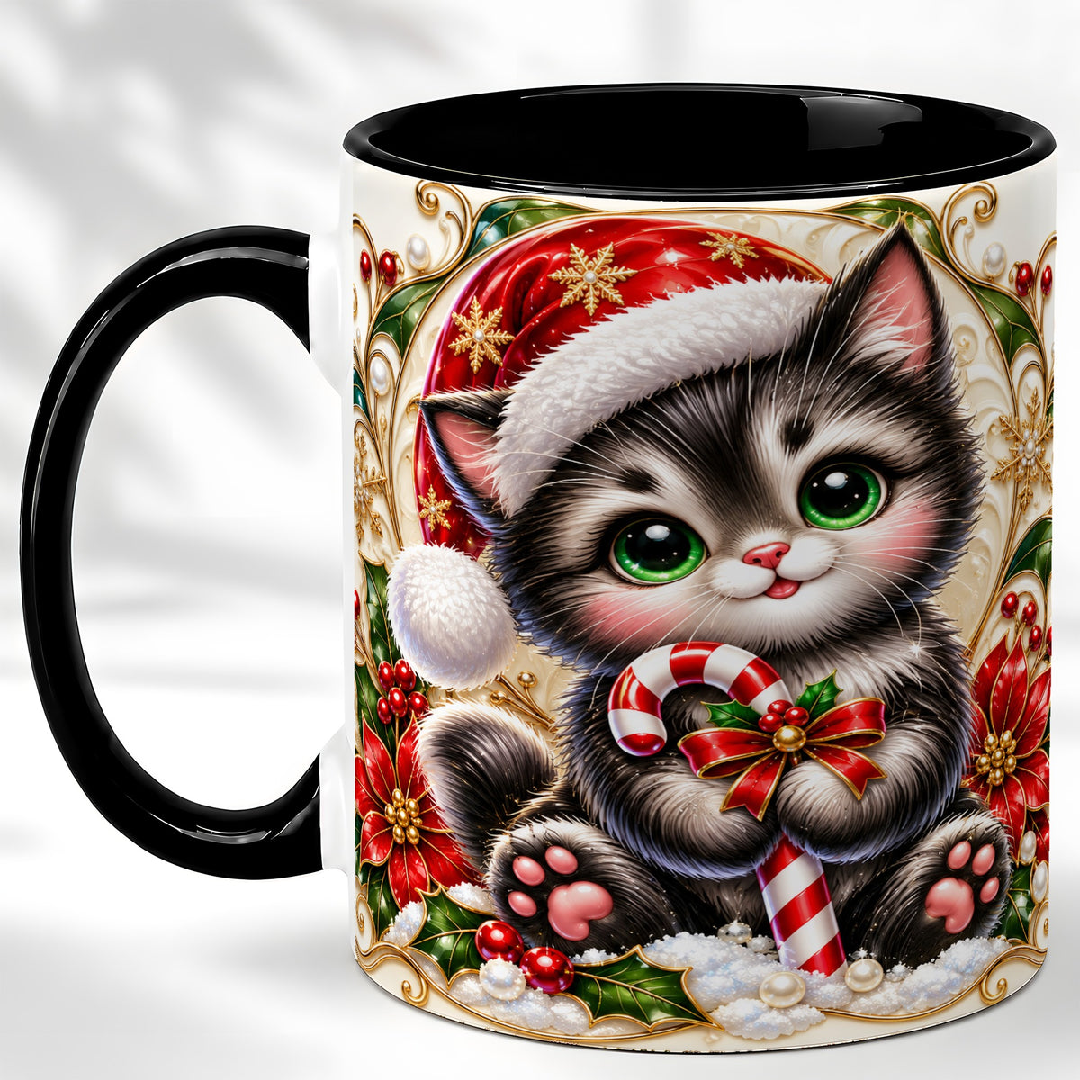 #pl[11oz|Black] Ornate Christmas Kitten Coffee Mug, Candy Cane Cat Mug, Ceramic Cup
