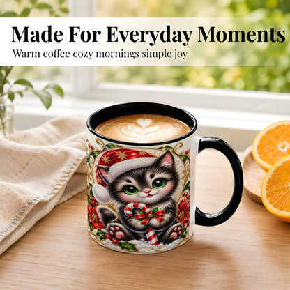#pl[11oz|Black] Ornate Christmas Kitten Coffee Mug, Candy Cane Cat Mug, Ceramic Cup