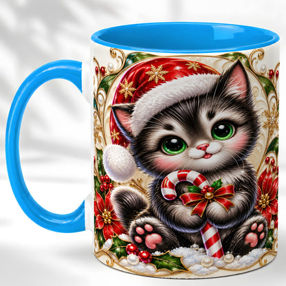 #pl[11oz|Blue] Ornate Christmas Kitten Coffee Mug, Candy Cane Cat Mug, Ceramic Cup