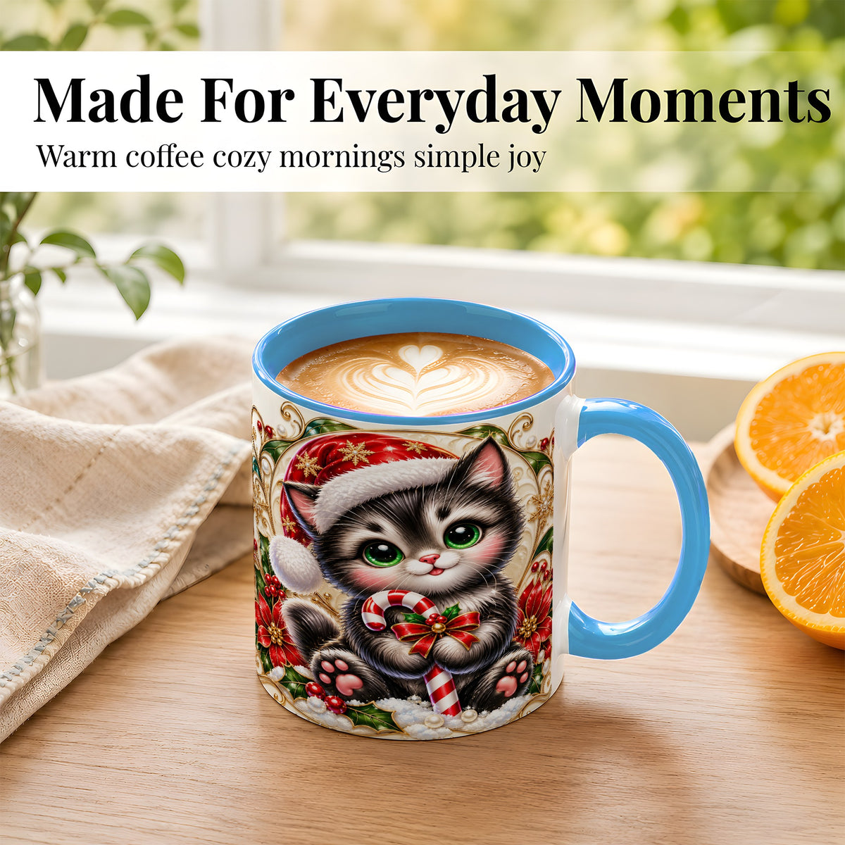 #pl[11oz|Blue] Ornate Christmas Kitten Coffee Mug, Candy Cane Cat Mug, Ceramic Cup