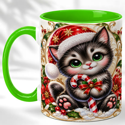 #pl[11oz|Green] Ornate Christmas Kitten Coffee Mug, Candy Cane Cat Mug, Ceramic Cup