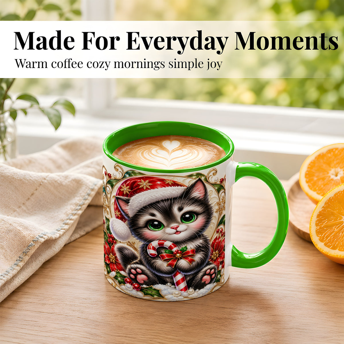 #pl[11oz|Green] Ornate Christmas Kitten Coffee Mug, Candy Cane Cat Mug, Ceramic Cup