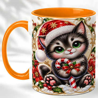 #pl[11oz|Orange] Ornate Christmas Kitten Coffee Mug, Candy Cane Cat Mug, Ceramic Cup