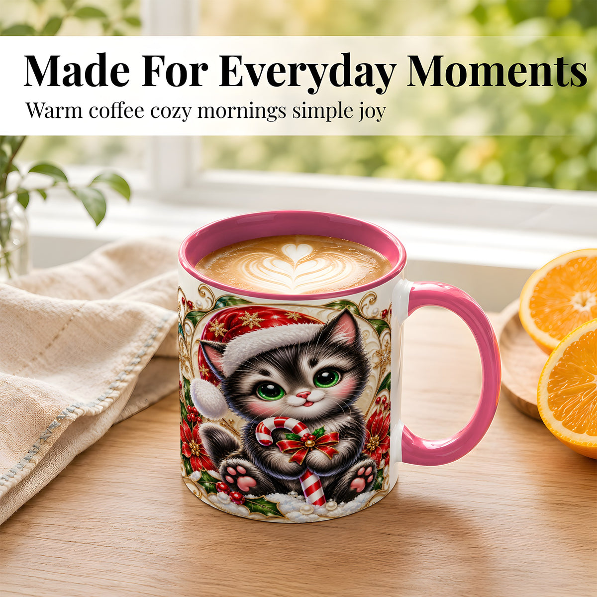 #pl[11oz|Pink] Ornate Christmas Kitten Coffee Mug, Candy Cane Cat Mug, Ceramic Cup