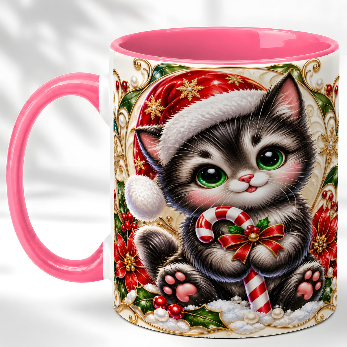 #pl[11oz|Pink] Ornate Christmas Kitten Coffee Mug, Candy Cane Cat Mug, Ceramic Cup