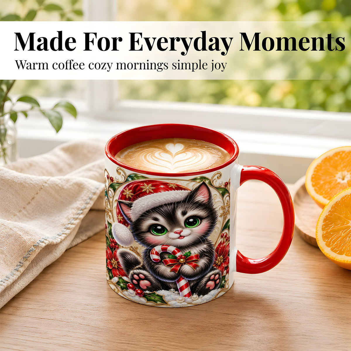 #pl[11oz|Red] Ornate Christmas Kitten Coffee Mug, Candy Cane Cat Mug, Ceramic Cup