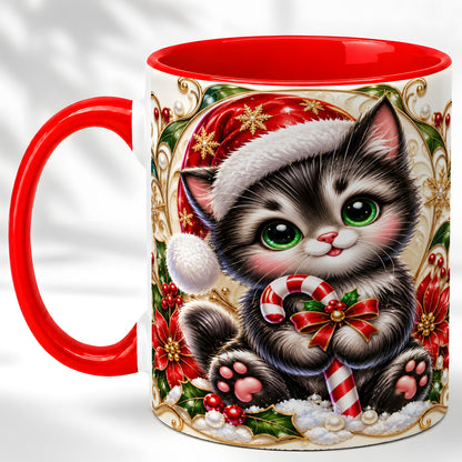 Ornate Christmas Kitten Coffee Mug, Candy Cane Cat Mug, Ceramic Cup