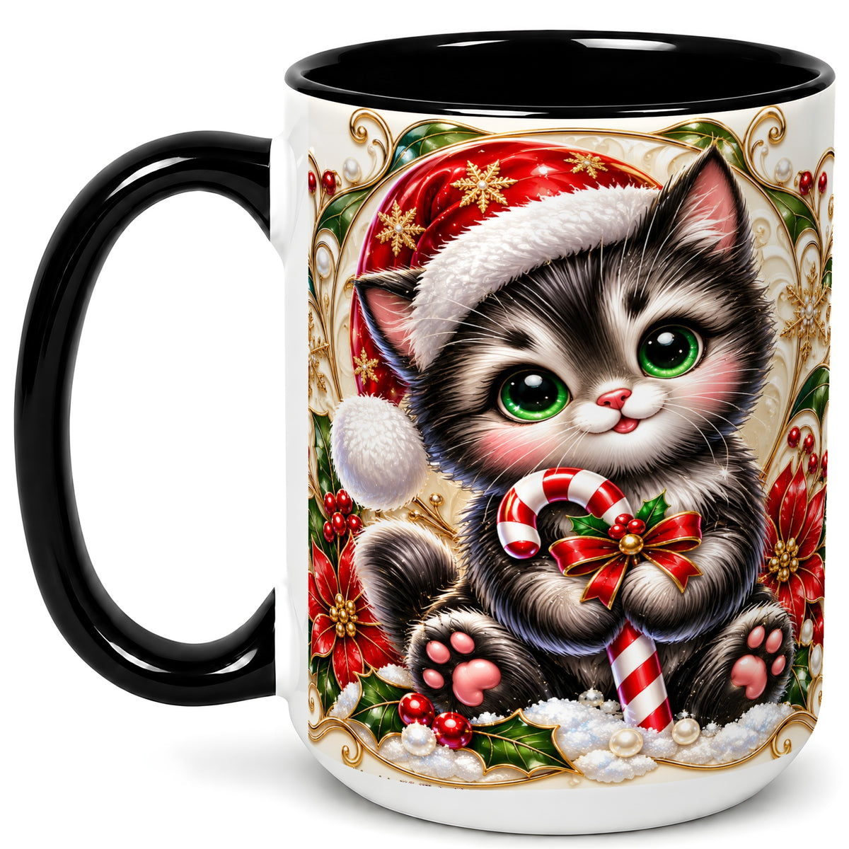 #pl[15oz|Black] Ornate Christmas Kitten Coffee Mug, Candy Cane Cat Mug, Ceramic Cup