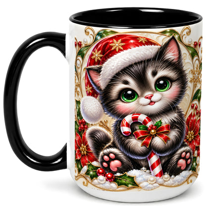 #pl[15oz|Black] Ornate Christmas Kitten Coffee Mug, Candy Cane Cat Mug, Ceramic Cup