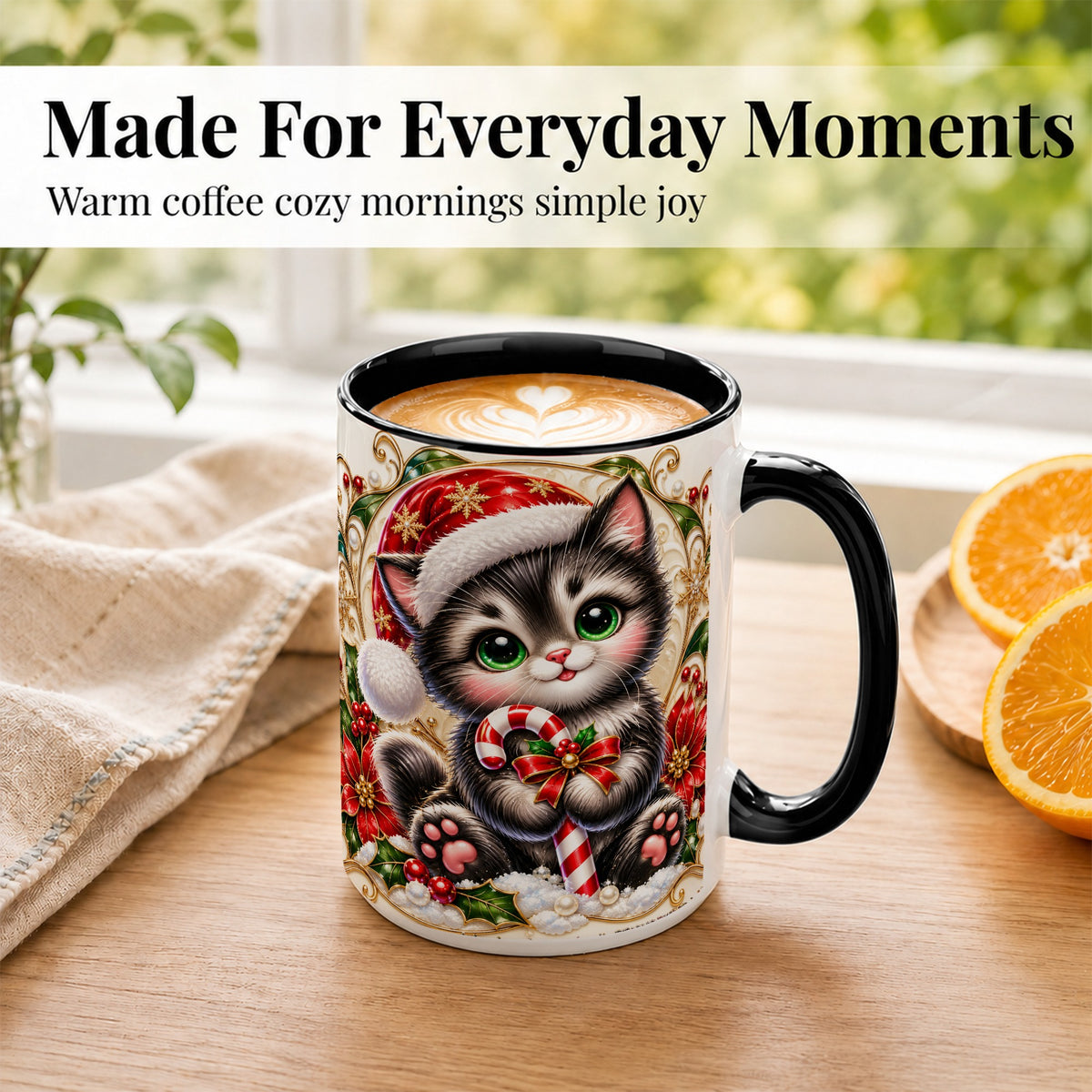 #pl[15oz|Black] Ornate Christmas Kitten Coffee Mug, Candy Cane Cat Mug, Ceramic Cup