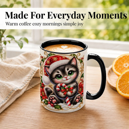#pl[15oz|Black] Ornate Christmas Kitten Coffee Mug, Candy Cane Cat Mug, Ceramic Cup