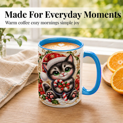 #pl[15oz|Blue] Ornate Christmas Kitten Coffee Mug, Candy Cane Cat Mug, Ceramic Cup