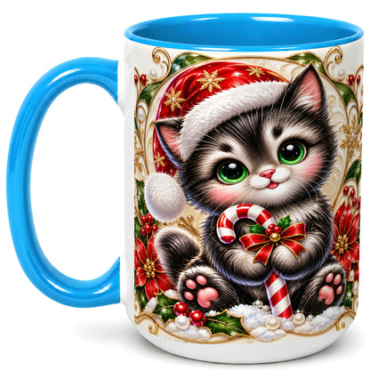 #pl[15oz|Blue] Ornate Christmas Kitten Coffee Mug, Candy Cane Cat Mug, Ceramic Cup
