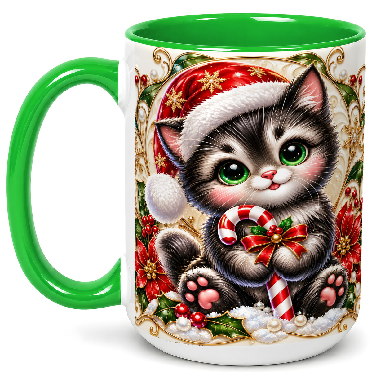 #pl[15oz|Green] Ornate Christmas Kitten Coffee Mug, Candy Cane Cat Mug, Ceramic Cup