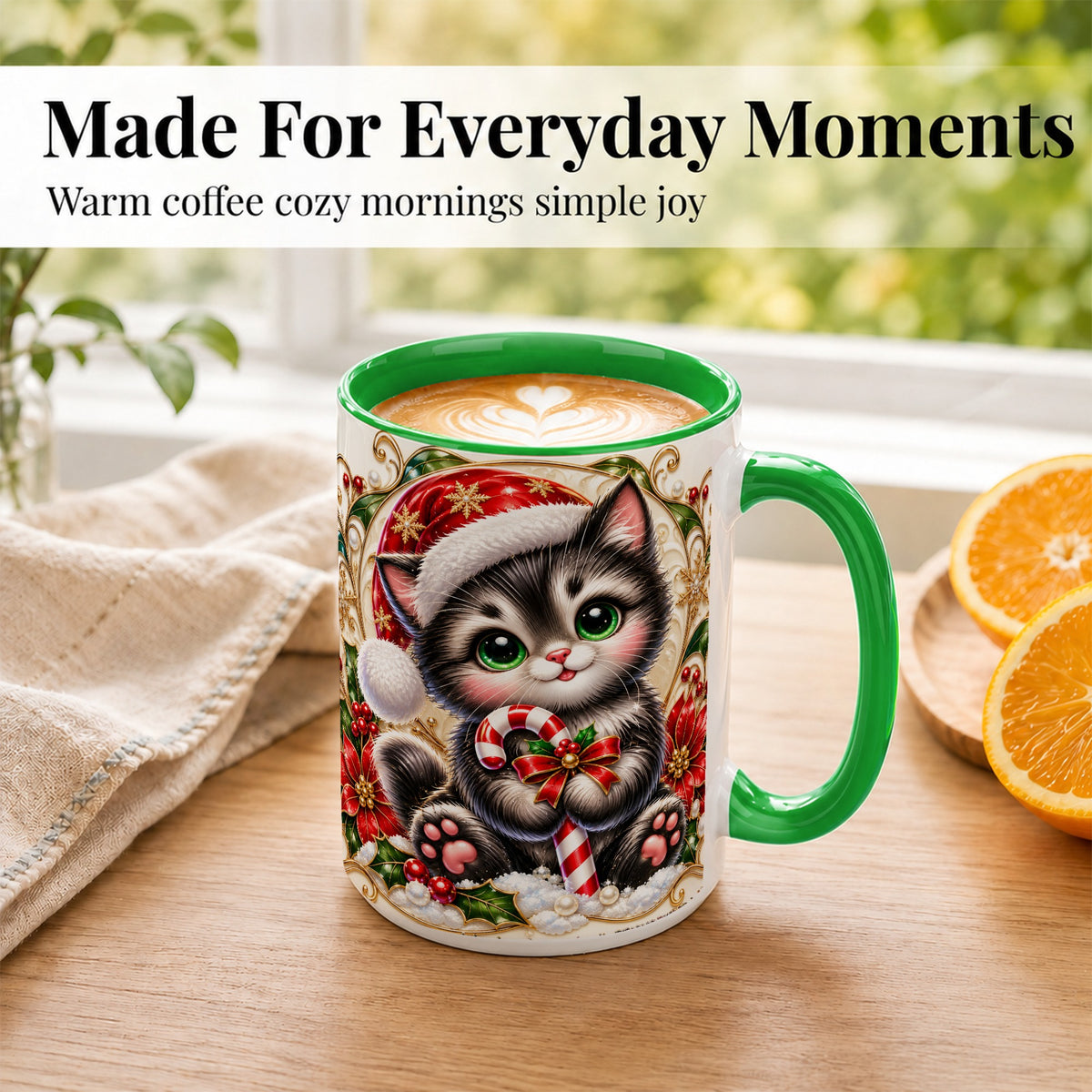 #pl[15oz|Green] Ornate Christmas Kitten Coffee Mug, Candy Cane Cat Mug, Ceramic Cup