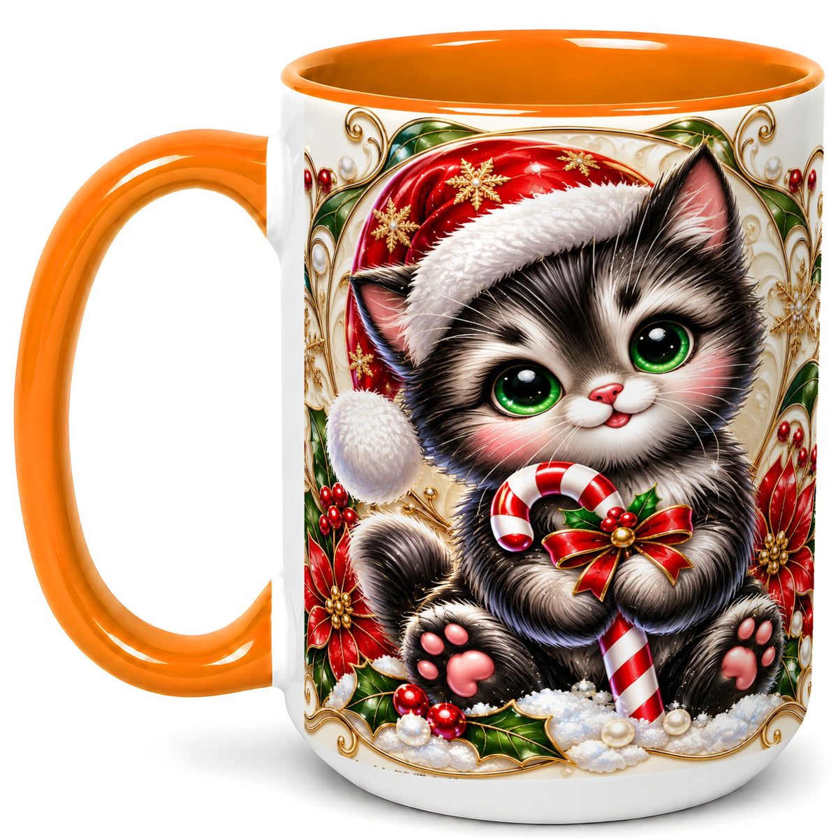 #pl[15oz|Orange] Ornate Christmas Kitten Coffee Mug, Candy Cane Cat Mug, Ceramic Cup