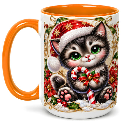#pl[15oz|Orange] Ornate Christmas Kitten Coffee Mug, Candy Cane Cat Mug, Ceramic Cup