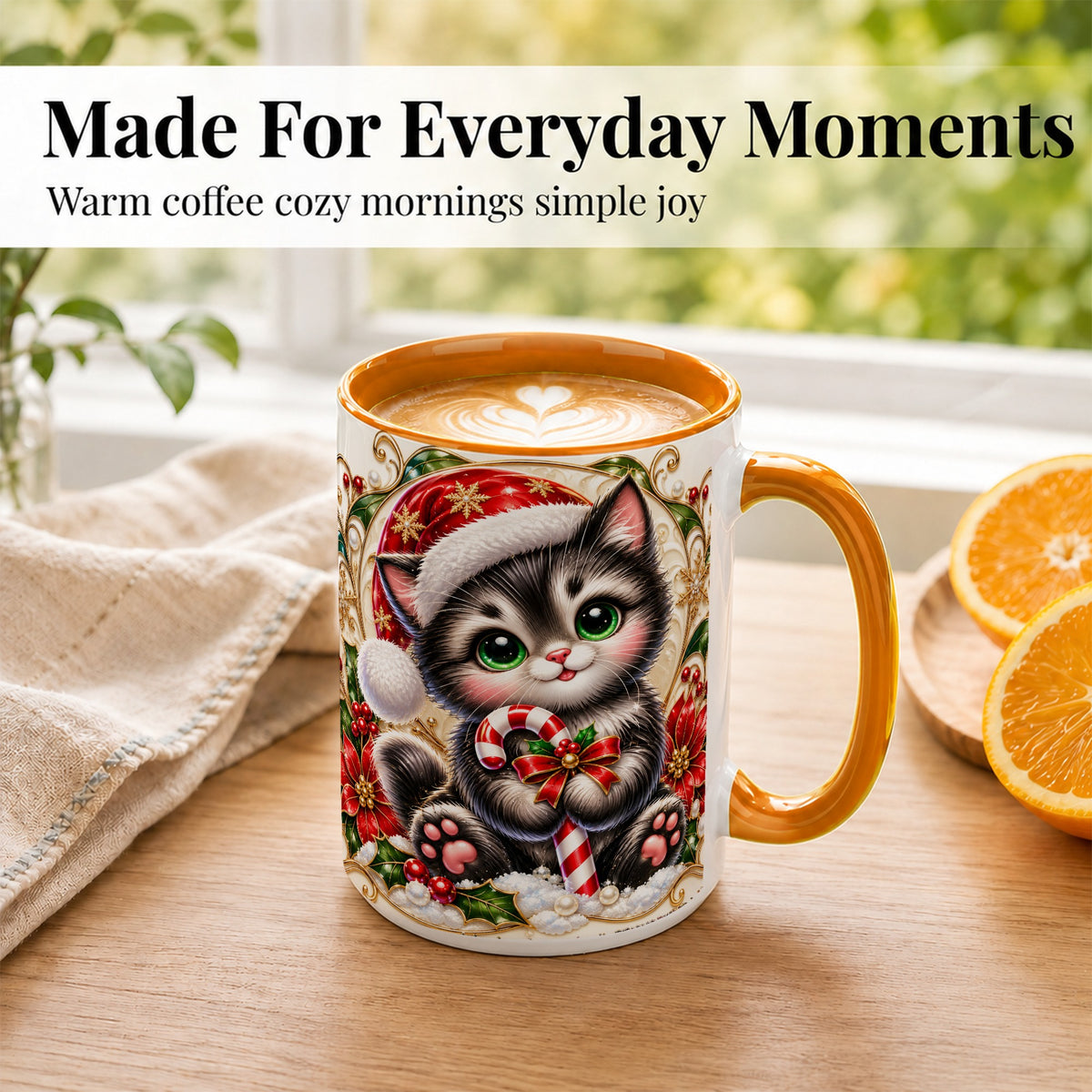 #pl[15oz|Orange] Ornate Christmas Kitten Coffee Mug, Candy Cane Cat Mug, Ceramic Cup