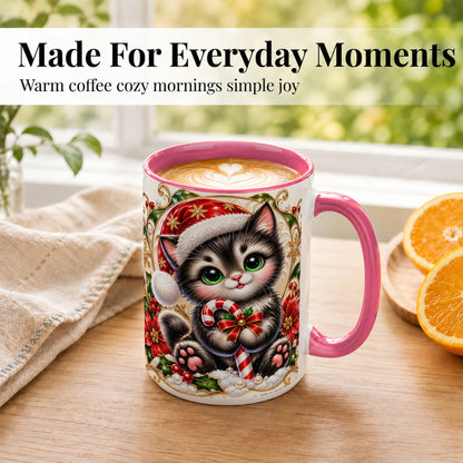#pl[15oz|Pink] Ornate Christmas Kitten Coffee Mug, Candy Cane Cat Mug, Ceramic Cup