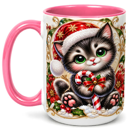 #pl[15oz|Pink] Ornate Christmas Kitten Coffee Mug, Candy Cane Cat Mug, Ceramic Cup