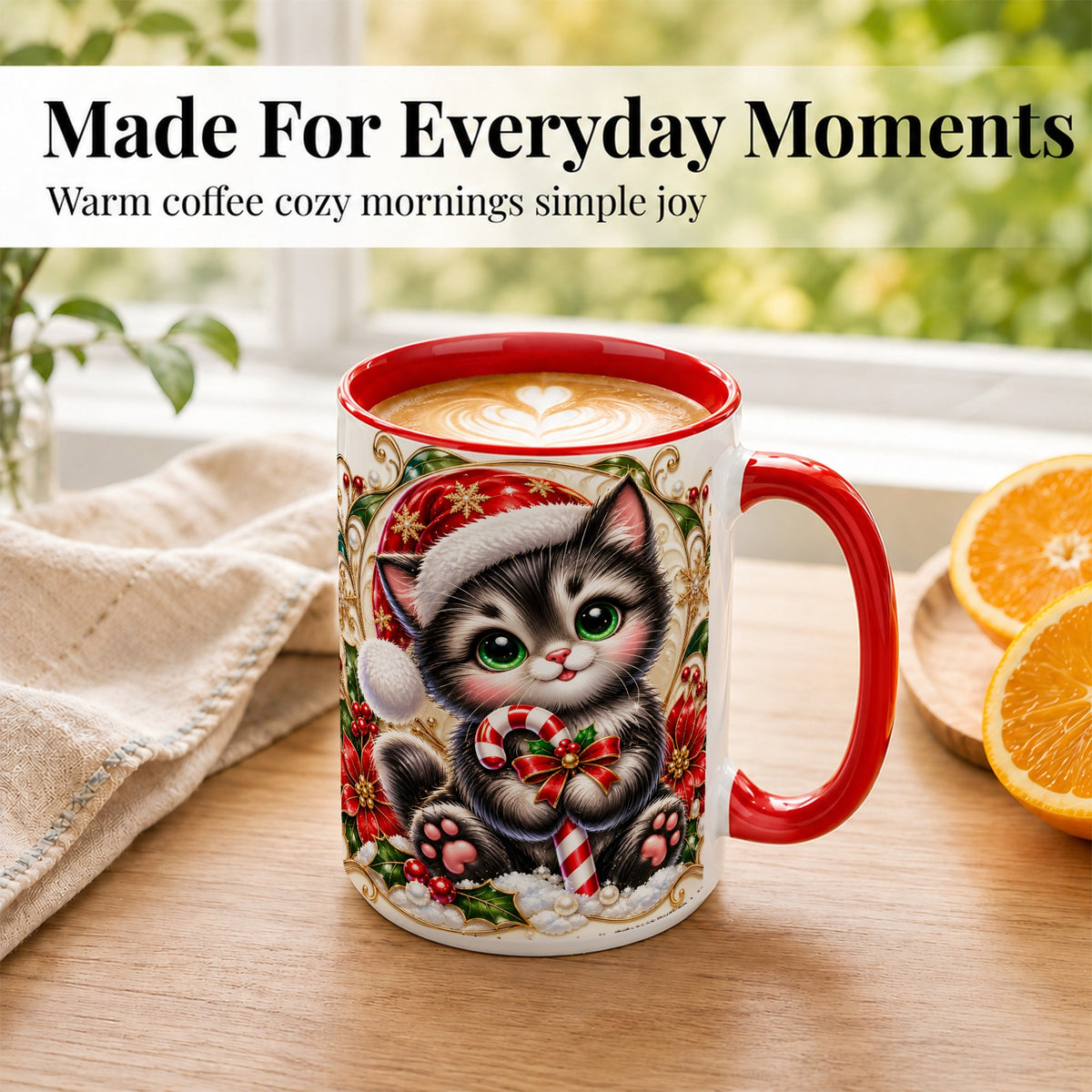 #pl[15oz|Red] Ornate Christmas Kitten Coffee Mug, Candy Cane Cat Mug, Ceramic Cup