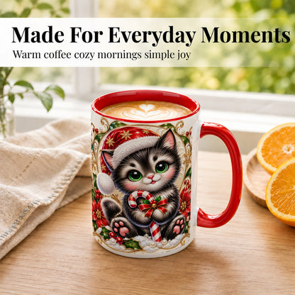 #pl[15oz|Red] Ornate Christmas Kitten Coffee Mug, Candy Cane Cat Mug, Ceramic Cup