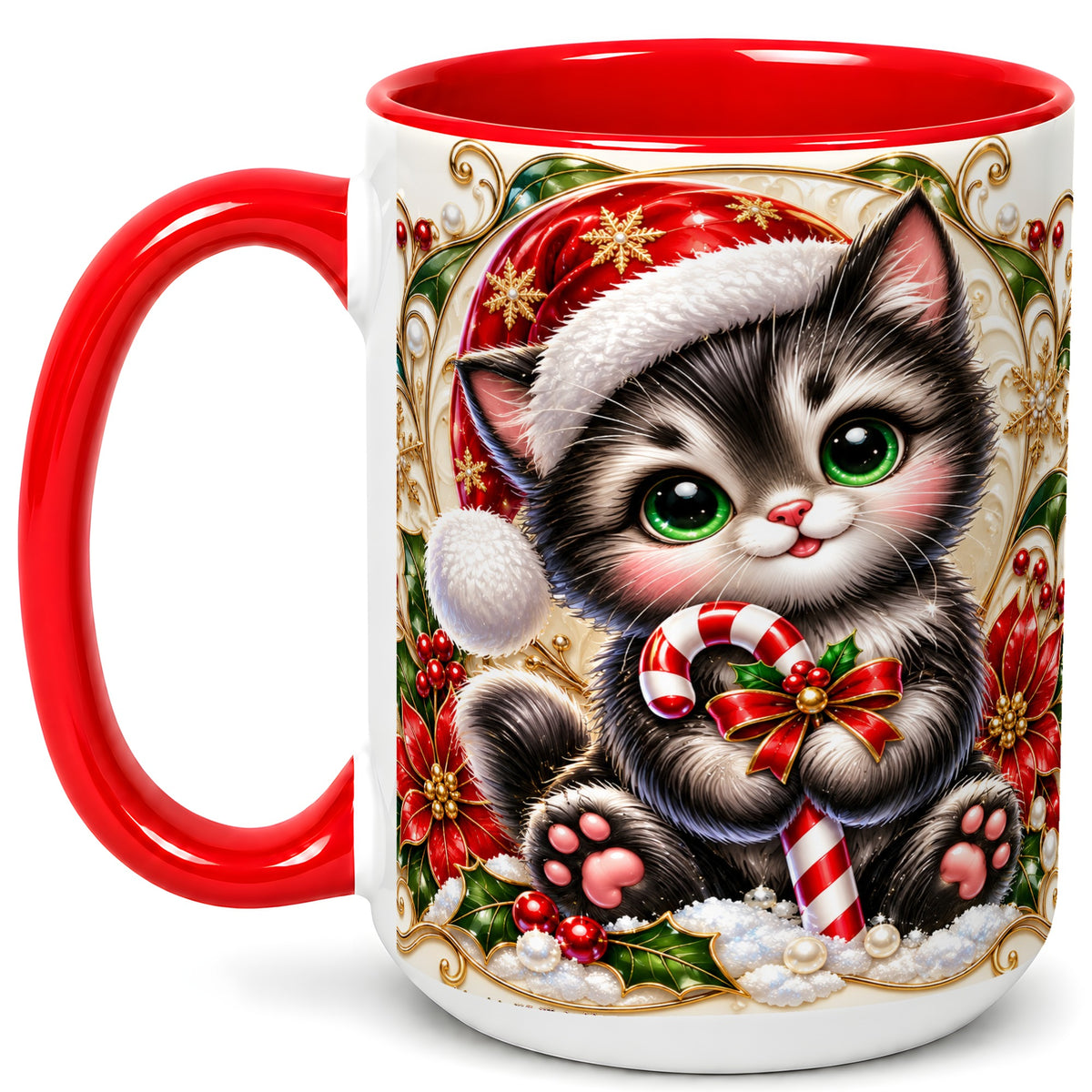 #pl[15oz|Red] Ornate Christmas Kitten Coffee Mug, Candy Cane Cat Mug, Ceramic Cup