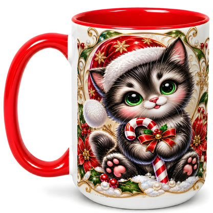 #pl[15oz|Red] Ornate Christmas Kitten Coffee Mug, Candy Cane Cat Mug, Ceramic Cup
