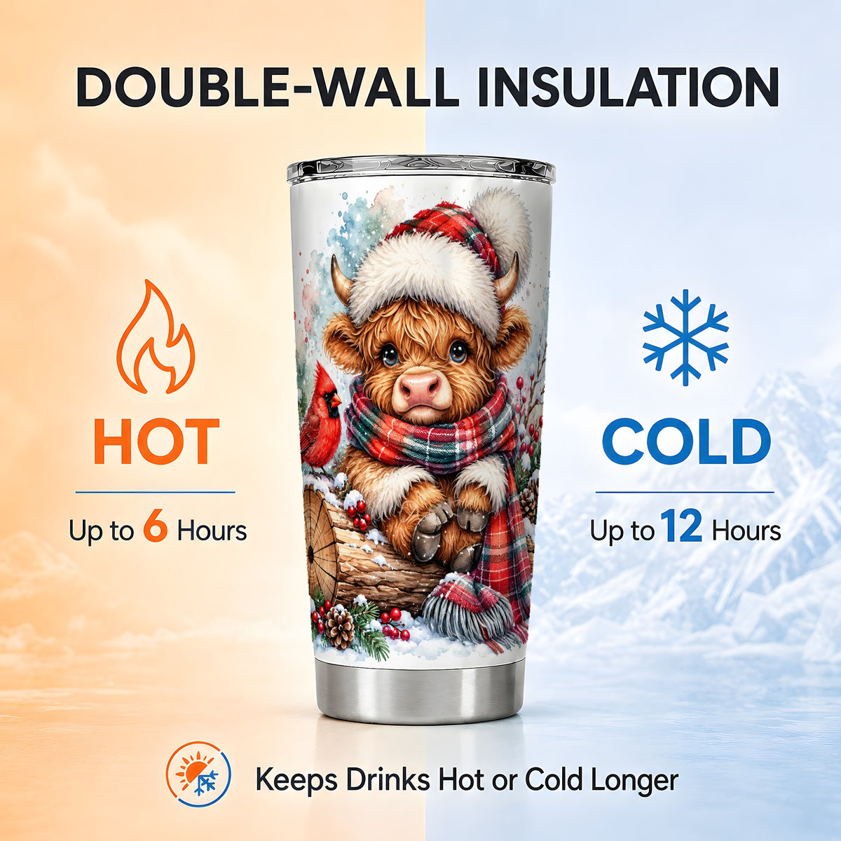 Christmas Highland Cow Tumbler 20oz, Winter Stainless Steel Travel Cup