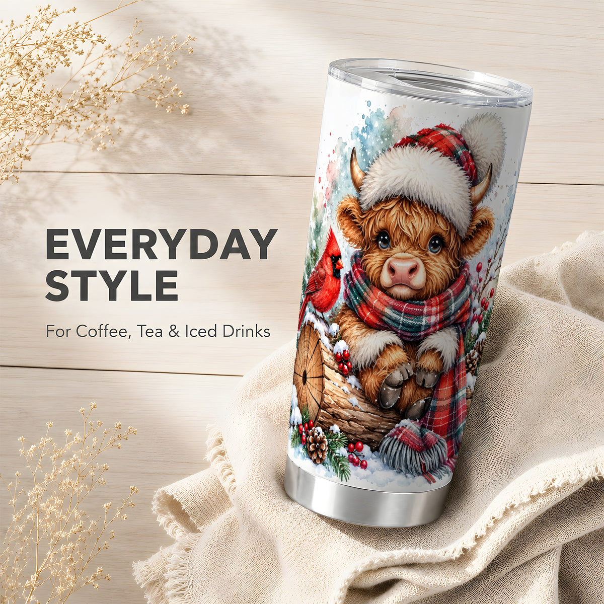 Christmas Highland Cow Tumbler 20oz, Winter Stainless Steel Travel Cup
