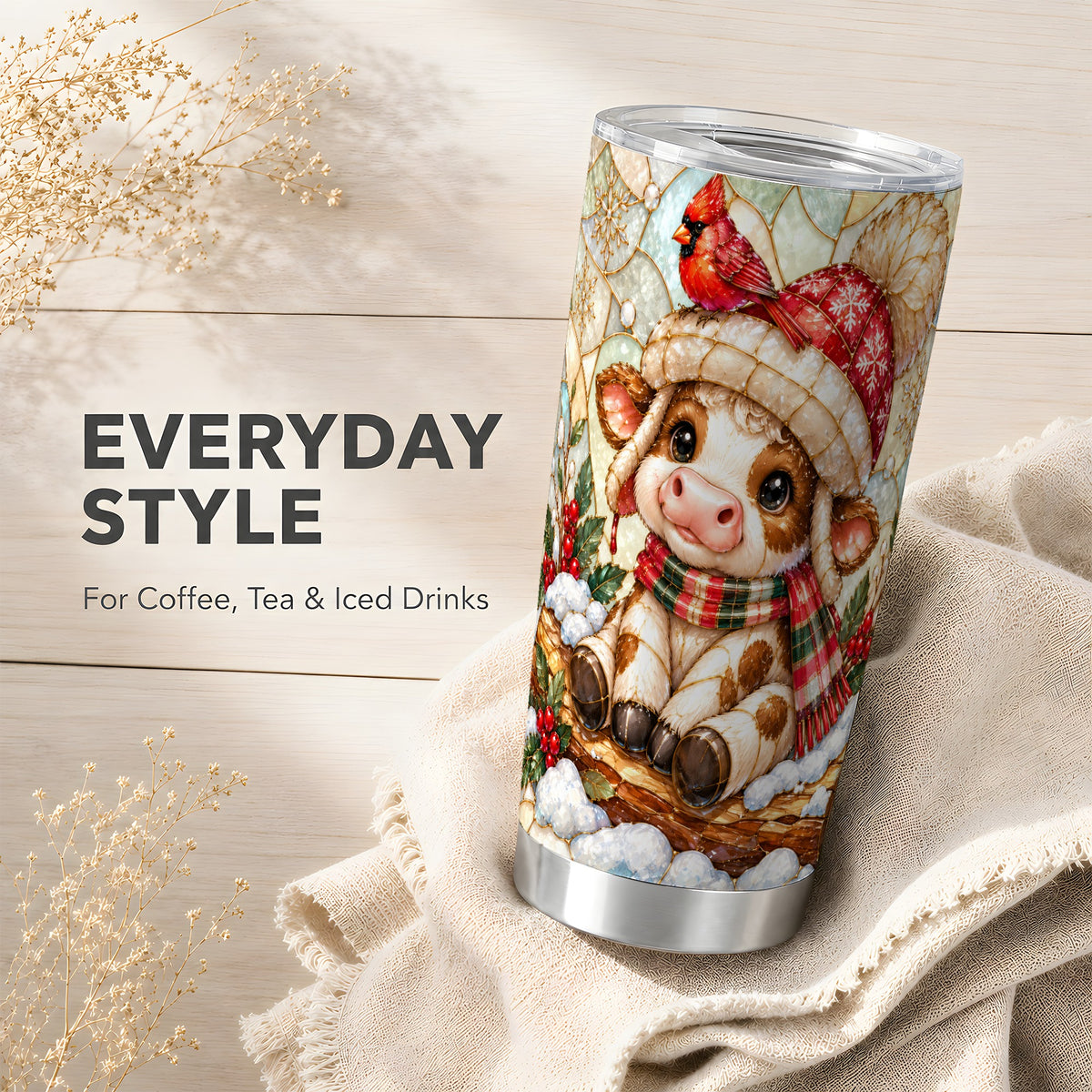 Stained Glass Christmas Calf Tumbler 20oz, Stainless Steel Travel Cup