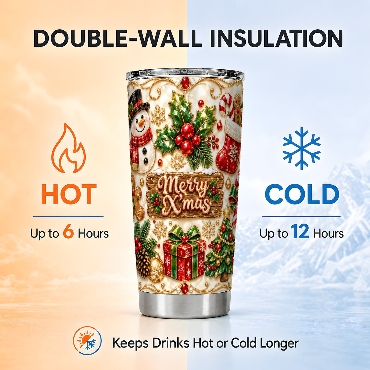 Christmas Snowman Tumbler 20oz, Holiday Tumbler, Stainless Steel Travel Cup